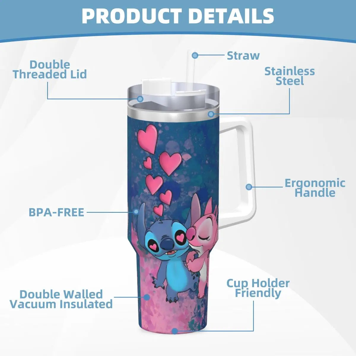 Angel And Stitch Stainless Steel Tumbler Camping Mugs Cup Large Capacity Coffee Mug Heat Preservation Drinks Milk Water Bottle
