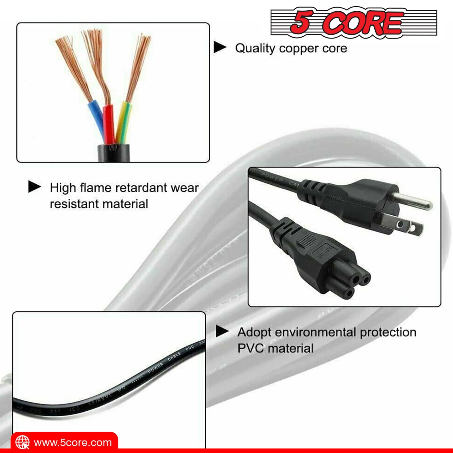 5Core AC Power Cord 6Ft 2 Prong US Male to Female Extension Adapter 18AWG 10A 7A 125V-3