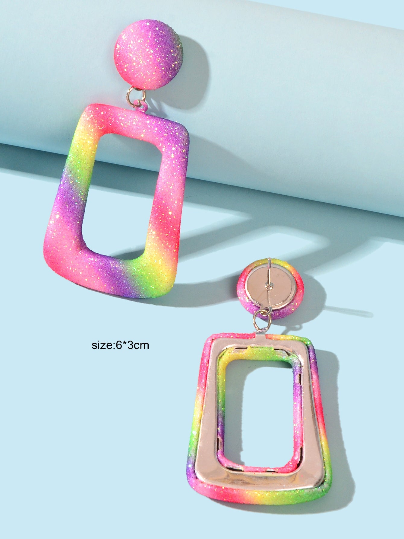 Rainbow Color Rectangle Geometric Dangle Statement Drop Earrings for Women Party-2