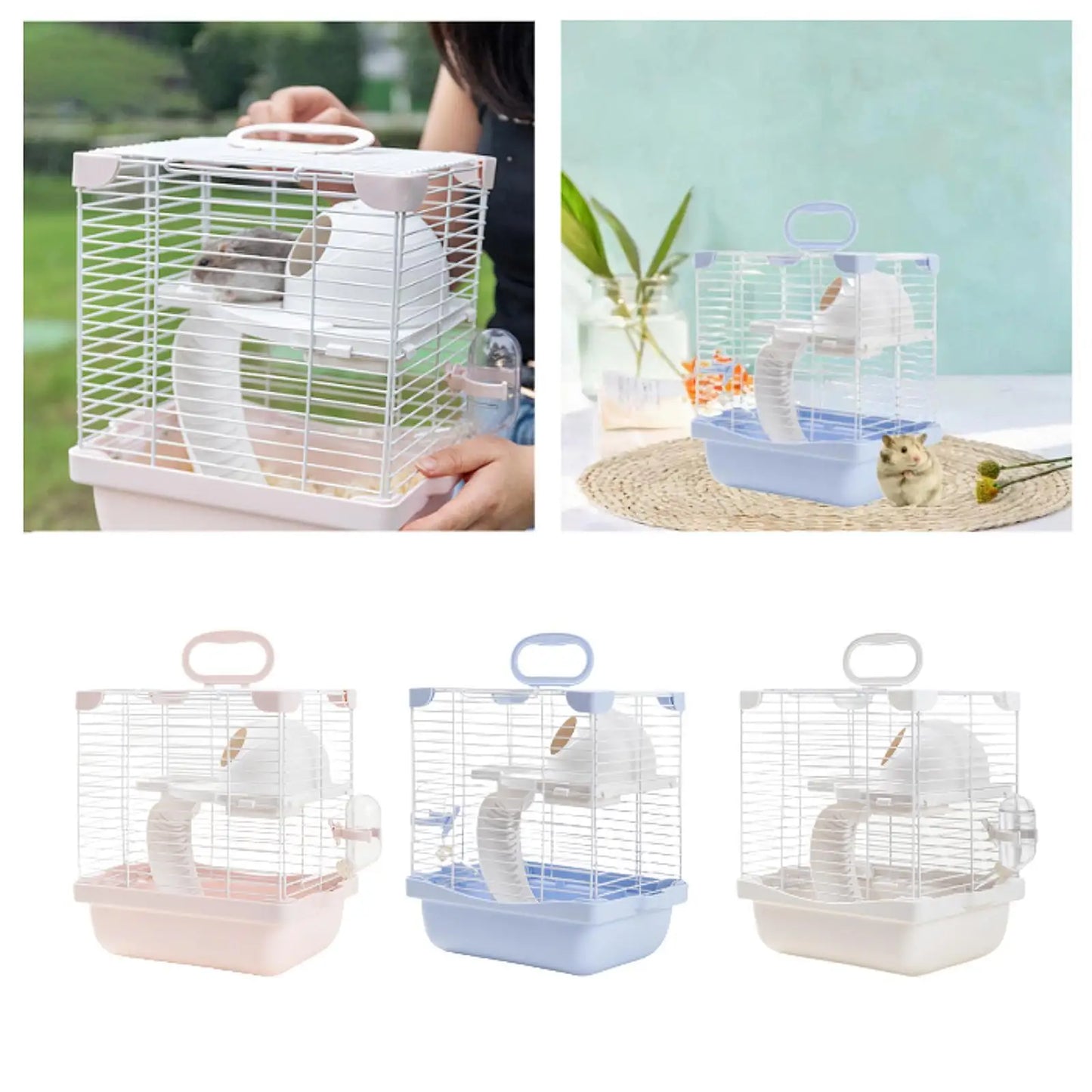 2 Layers Hamster Habitats Cage for Mouse Rat Detachable Bottom Tray Multipurpose with Water Bottle, Food Bowl Travel Cage