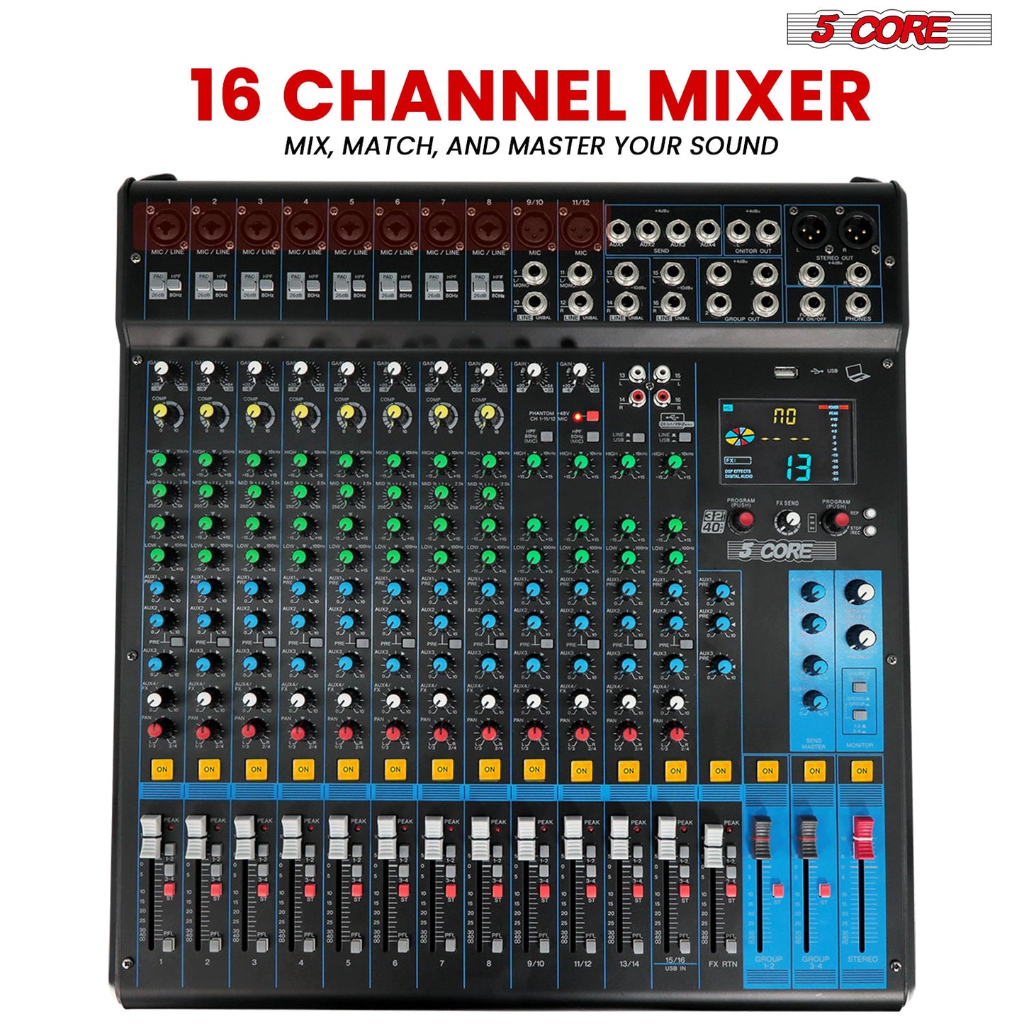 5Core Audio DJ Mixer 16 Channel Sound Board Console w 24 SPX Effect 48V Phantom Power-1
