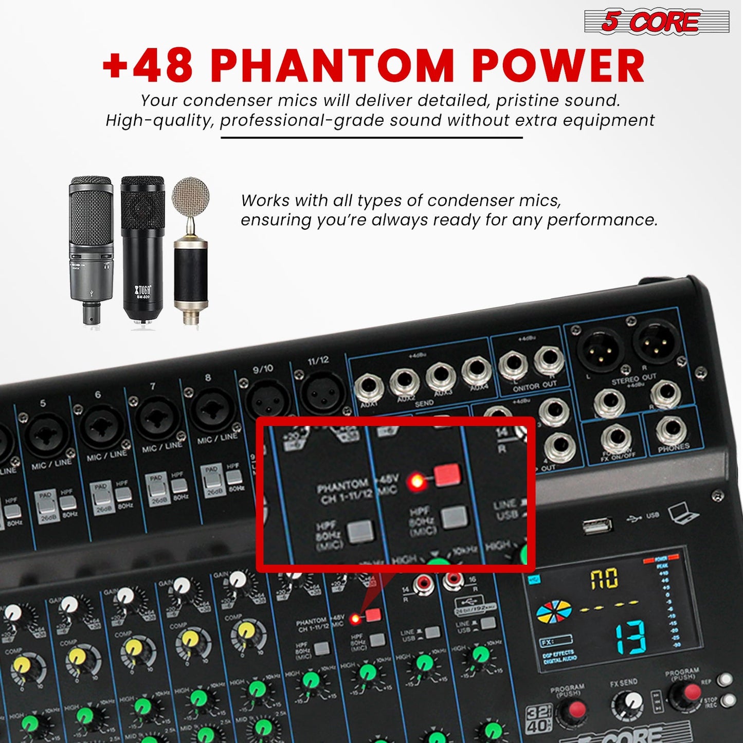 5Core Audio DJ Mixer 16 Channel Sound Board Console w 24 SPX Effect 48V Phantom Power-4