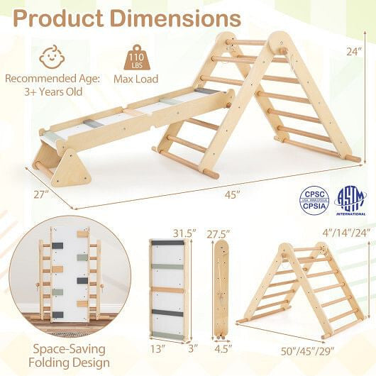 3-in-1 Pikler Triangle Climbing Set Kids Foldable Montessori Toys with Ramp-Natural-3
