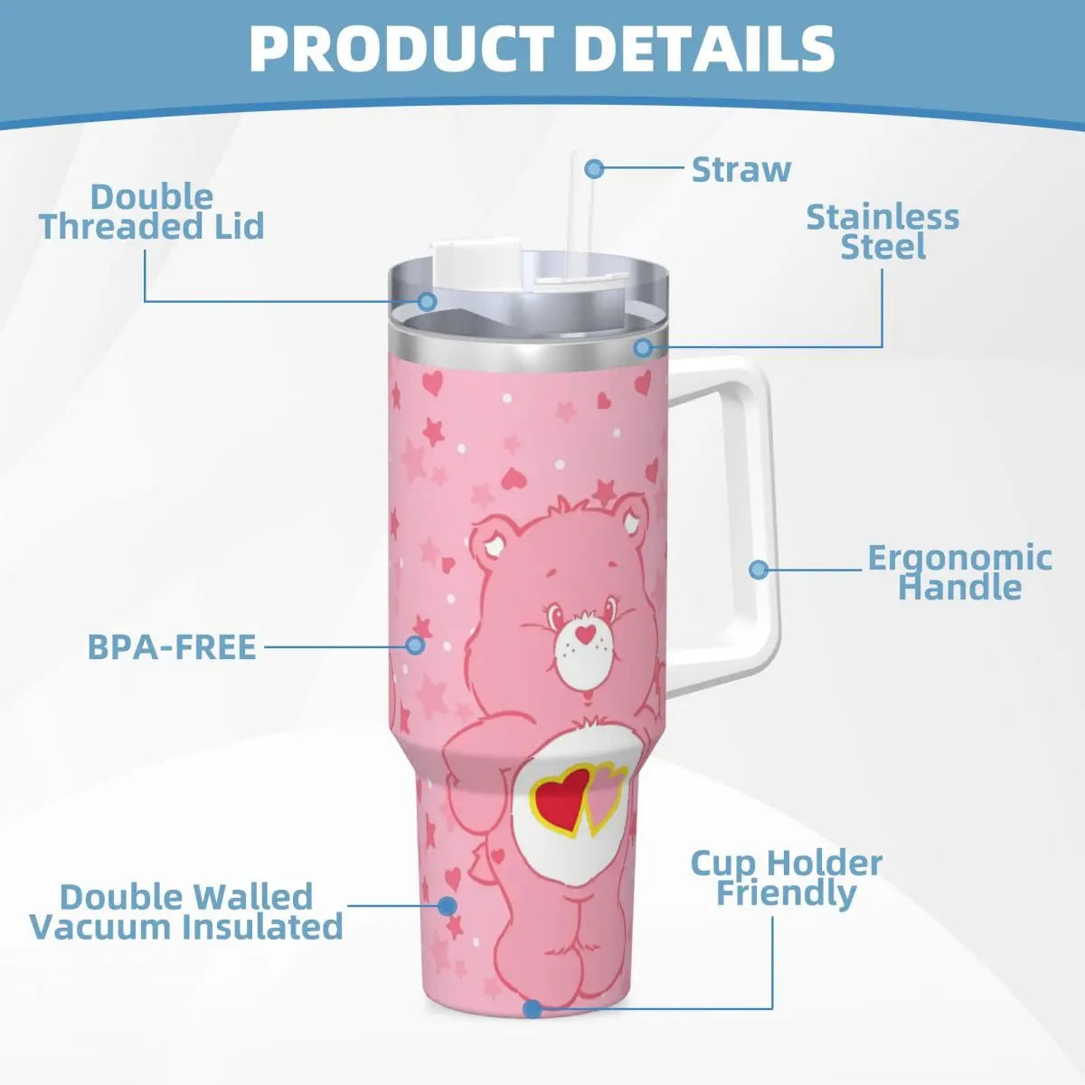 Care Bears Stainless Steel Tumbler Camping Thermal Cups With Straws and Lid Large Capacity Car Mugs Hot Drinks Water Bottle