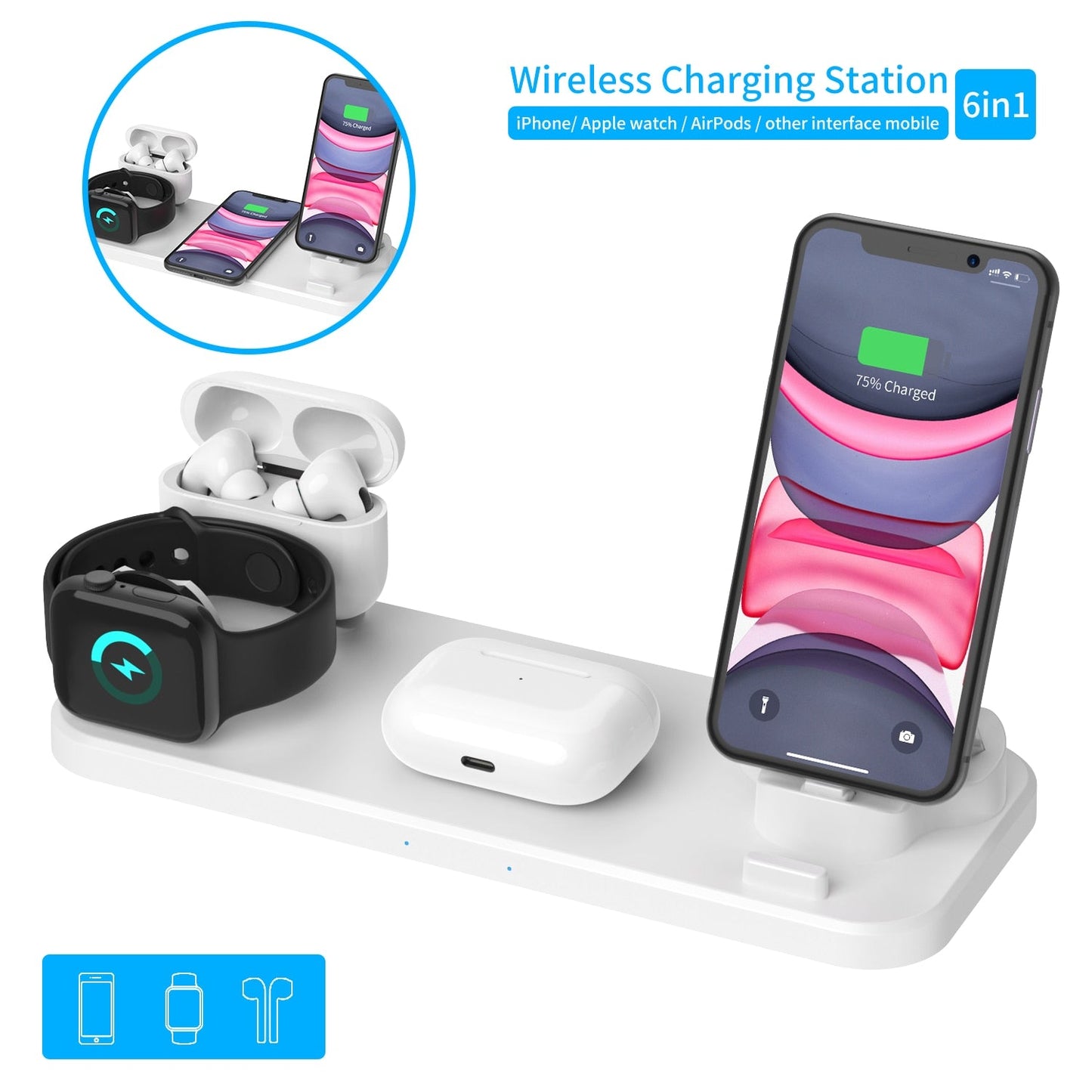 6 In 1 Wireless Charger Pad Qi Induction Fast Charging Holder for Apple Watch 6 5 4 3 For Airpods Pro IPhone 12Pro/11/XR/XS/X/8-3