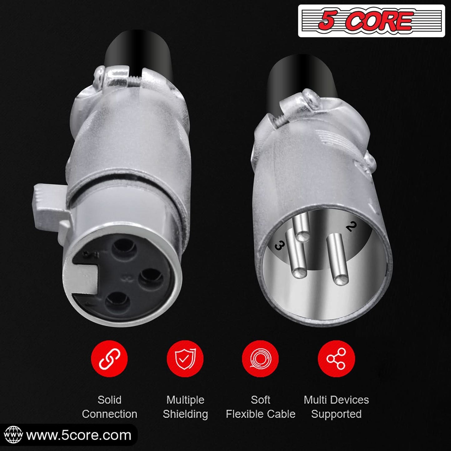 5Core XLR Connector Male Female to 1/4 Audio Jack 3 Pin Secure Mic Plug w Locking Ends-4
