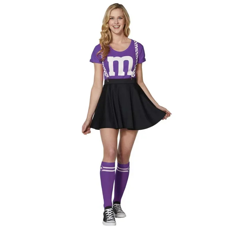 Kids M & M's Costume Cheerleader Uniform Kit with Suspender Family Games Parents-Child Clothing Outfits T-Shirt Black Skirt Set