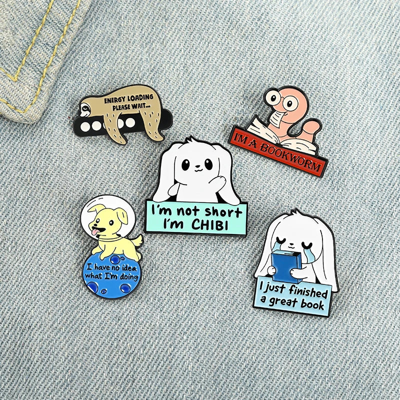 Bookworm Enamel Pins Custom Rabbit Dog Sloth Brooch Lapel Badge Bag Cartoon Funny Animal Books Jewelry Gift for Kids Friends