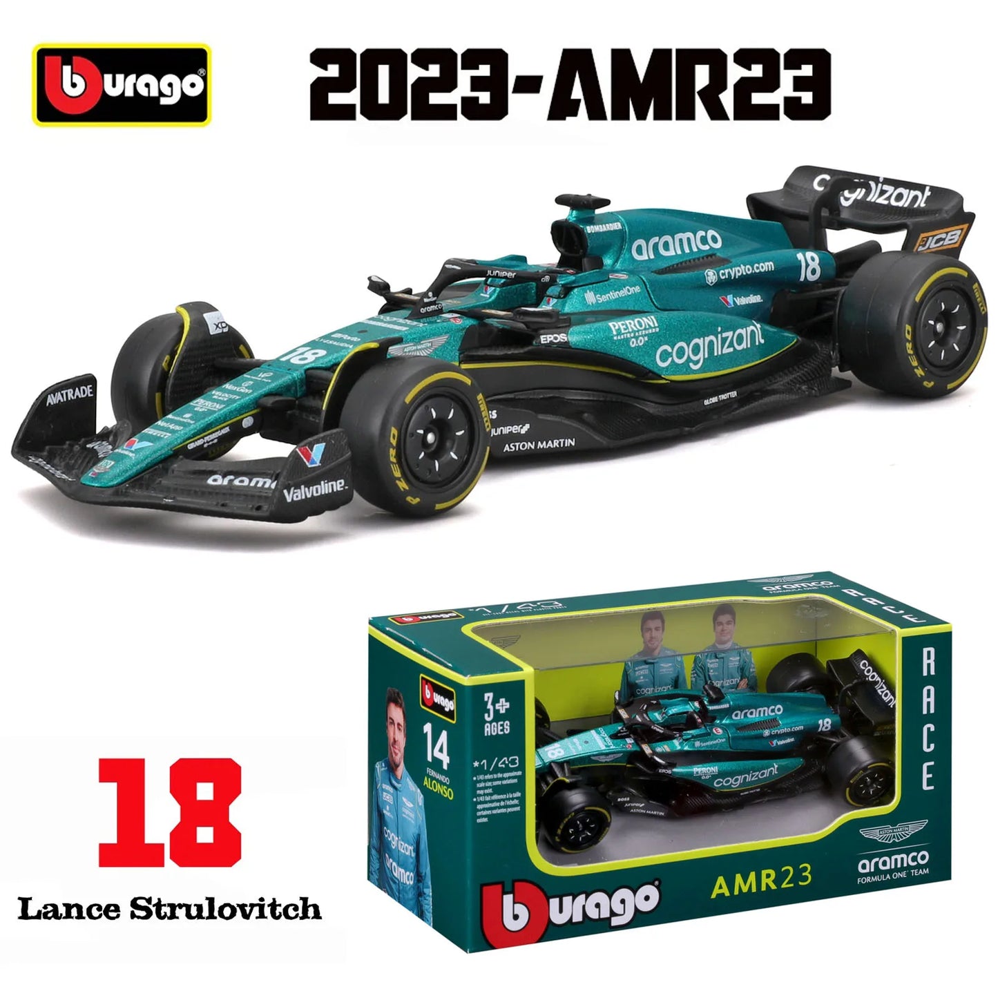 Bburago 1:43 2023 Aston Martin AMR23 F1 Formula Alloy Car Die Cast Vehicles Collectible Model Racing Toy