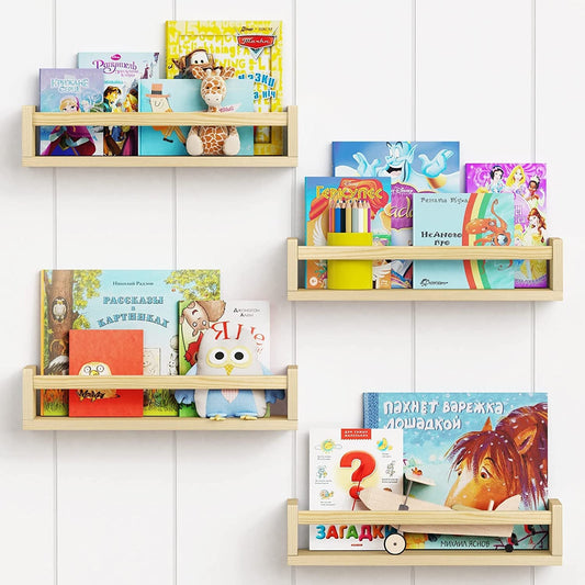 Natural Wood Nursery Book Shelves Wall Mounted, Floating Bookshelf for Kids Room, Toys and Books Storage Organizer Bookshelves for Toddler Child Bedroom Bathroom (4 Pack Natural Wood)-0