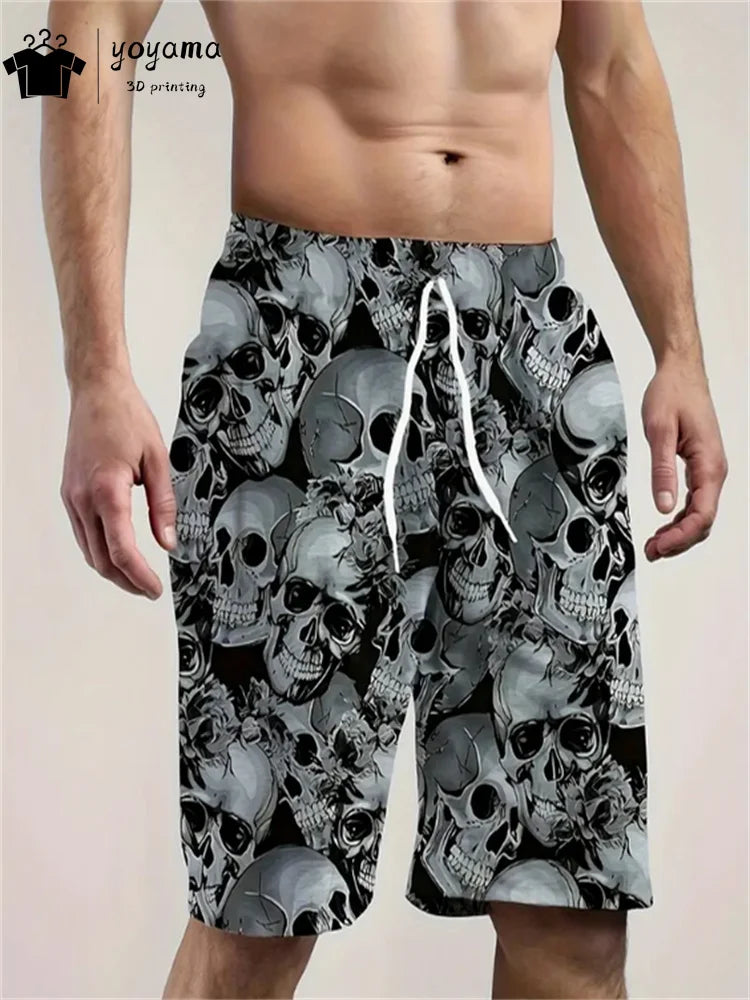 Fashion Skull Print Shorts Summer Mens Shorts Drawstring Men's Pants Casual Men's Fitness Sports Short Pants Breathable Man Pant