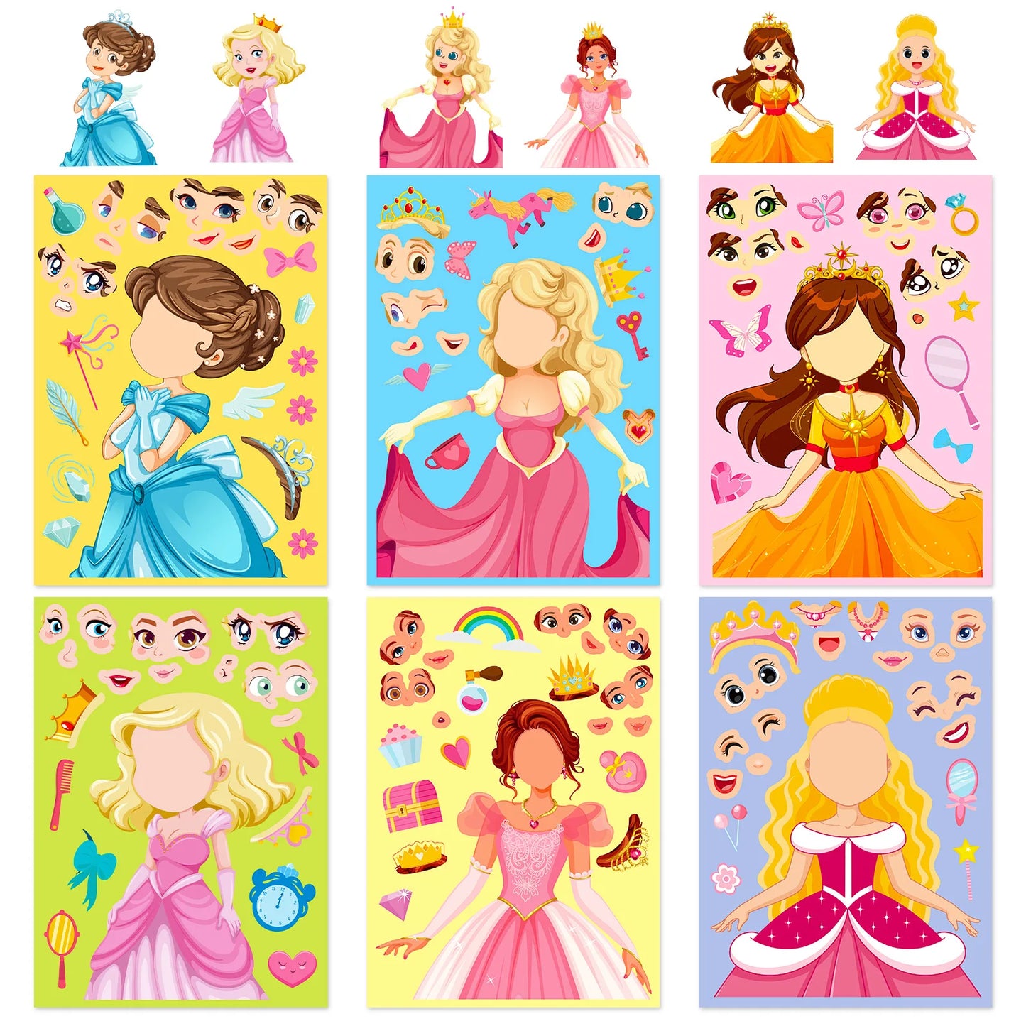 6-42Sheets Children DIY Puzzle Sticker Games 6 Princess Mermaid Make A Face Funny Assemble Jigsaw Stickers Kids Educational Toys