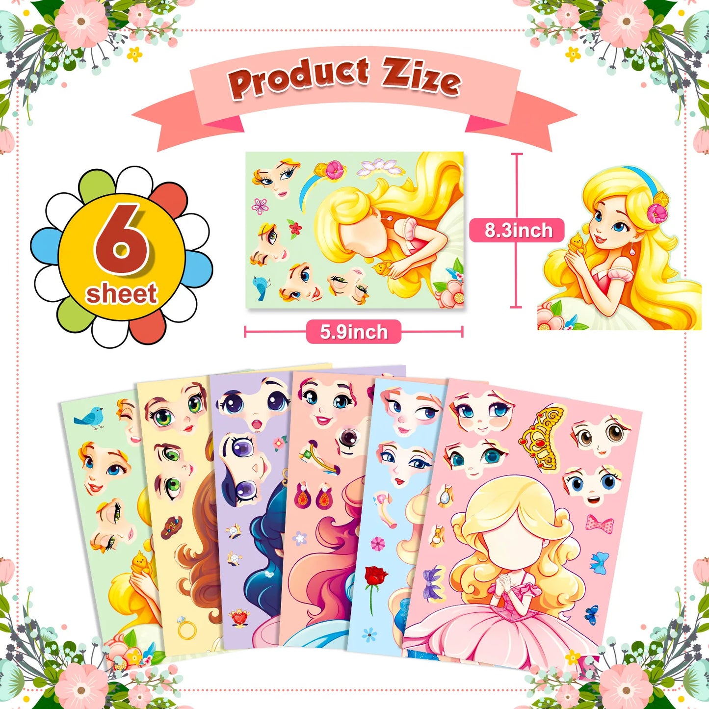 6-42Sheets Children DIY Puzzle Sticker Games 6 Princess Mermaid Make A Face Funny Assemble Jigsaw Stickers Kids Educational Toys