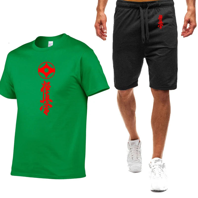2025 Summer Man's Kyokushin Karate Masutatsu Oyama Japan Logo Print Solid Color Round Neck T-shirt+Breathable Short Pants Suits