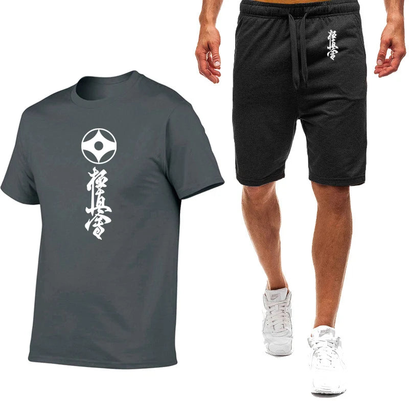 2025 Summer Man's Kyokushin Karate Masutatsu Oyama Japan Logo Print Solid Color Round Neck T-shirt+Breathable Short Pants Suits