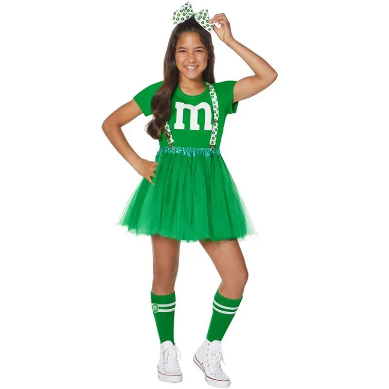 Kids M & M's Costume Cheerleader Uniform Kit with Suspender Family Games Parents-Child Clothing Outfits T-Shirt Black Skirt Set