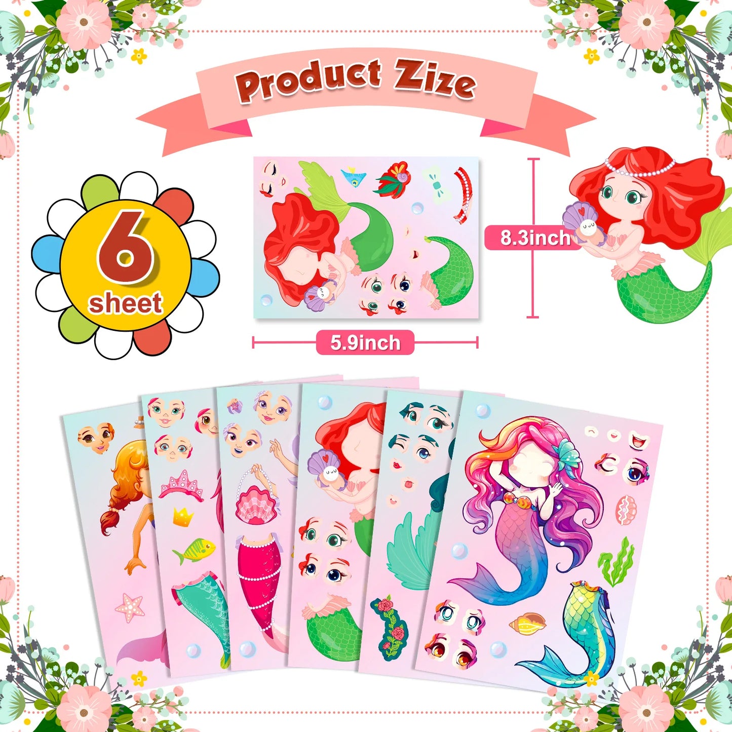 6-42Sheets Children DIY Puzzle Sticker Games 6 Princess Mermaid Make A Face Funny Assemble Jigsaw Stickers Kids Educational Toys