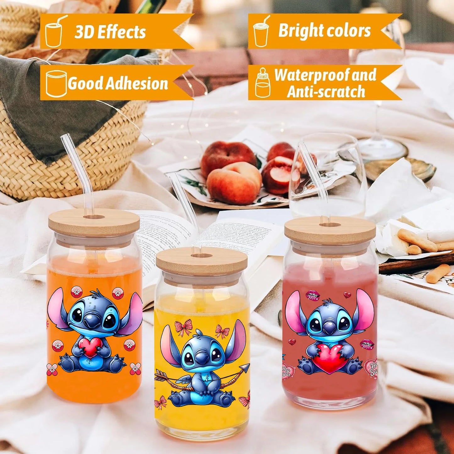 Disney Stitch Series Easy peel waterproof DIY Decals 3D transfers uvdtf crystal stickers 16oz uv dtf tumbler cup wraps sticker