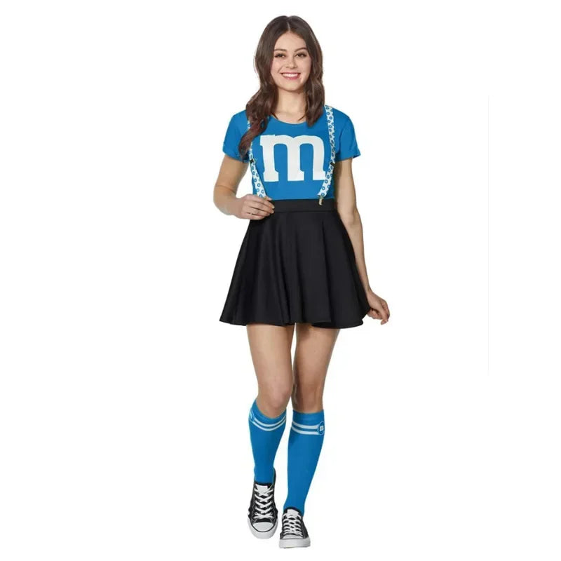 Kids M & M's Costume Cheerleader Uniform Kit with Suspender Family Games Parents-Child Clothing Outfits T-Shirt Black Skirt Set