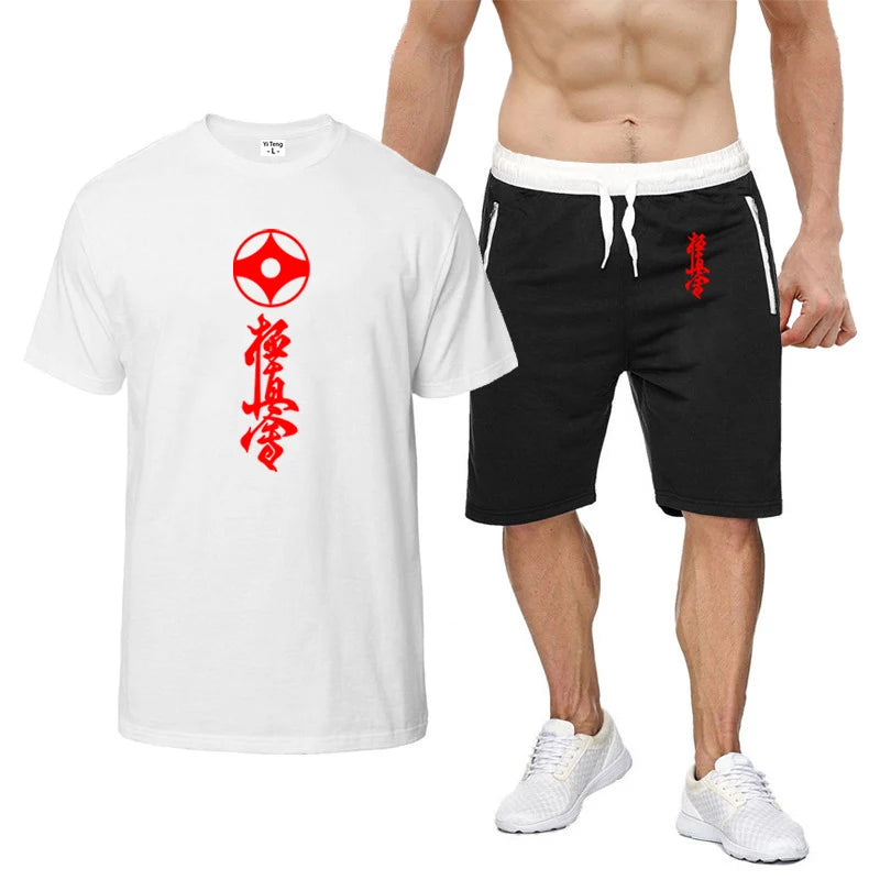 2025 Summer Man's Kyokushin Karate Masutatsu Oyama Japan Logo Print Solid Color Round Neck T-shirt+Breathable Short Pants Suits