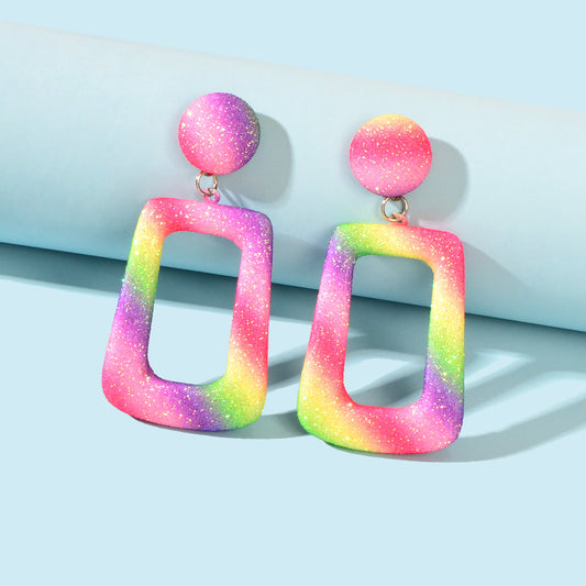 Rainbow Color Rectangle Geometric Dangle Statement Drop Earrings for Women Party-0