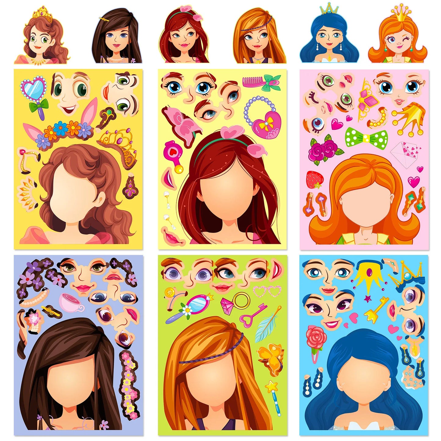 6-42Sheets Children DIY Puzzle Sticker Games 6 Princess Mermaid Make A Face Funny Assemble Jigsaw Stickers Kids Educational Toys