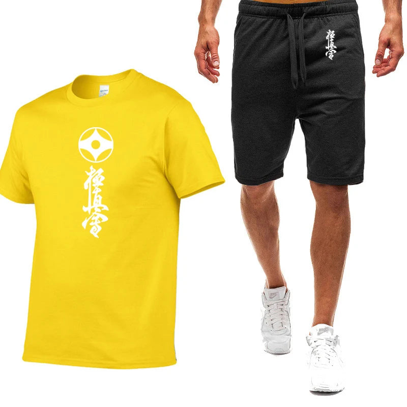 2025 Summer Man's Kyokushin Karate Masutatsu Oyama Japan Logo Print Solid Color Round Neck T-shirt+Breathable Short Pants Suits