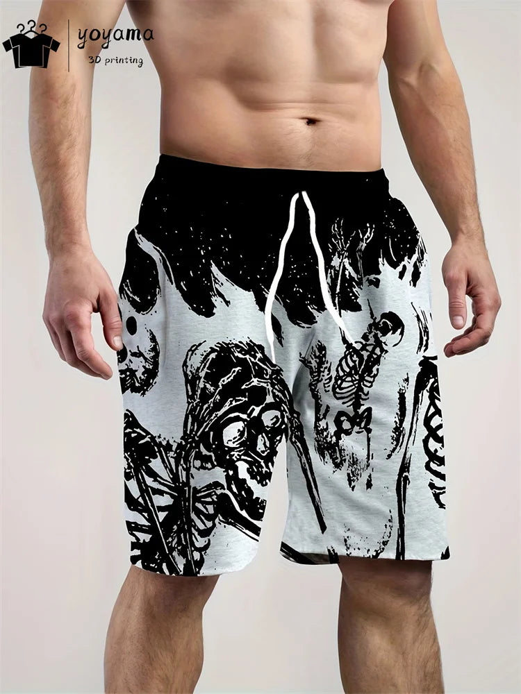 Fashion Skull Print Shorts Summer Mens Shorts Drawstring Men's Pants Casual Men's Fitness Sports Short Pants Breathable Man Pant