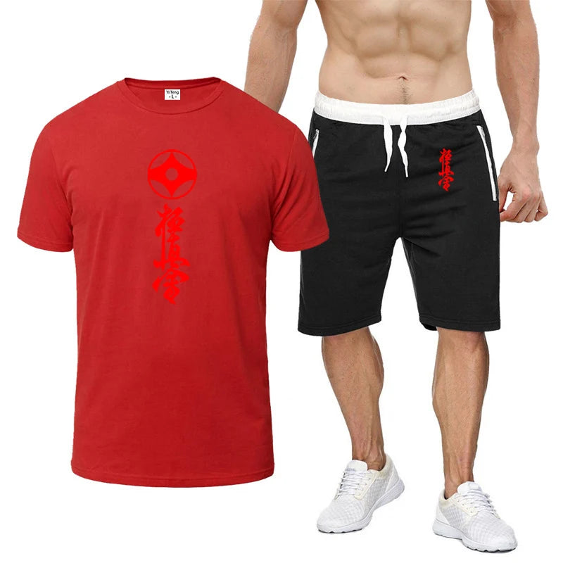 2025 Summer Man's Kyokushin Karate Masutatsu Oyama Japan Logo Print Solid Color Round Neck T-shirt+Breathable Short Pants Suits