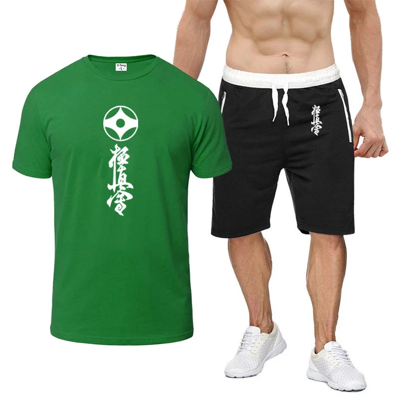 2025 Summer Man's Kyokushin Karate Masutatsu Oyama Japan Logo Print Solid Color Round Neck T-shirt+Breathable Short Pants Suits