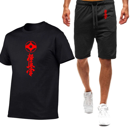 2025 Summer Man's Kyokushin Karate Masutatsu Oyama Japan Logo Print Solid Color Round Neck T-shirt+Breathable Short Pants Suits