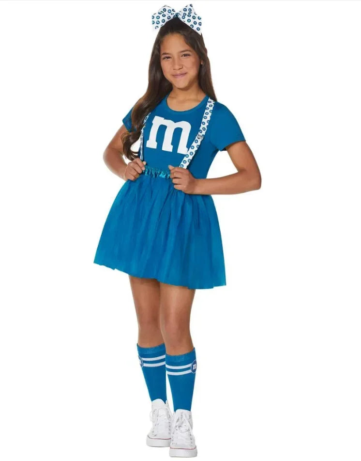 Kids M & M's Costume Cheerleader Uniform Kit with Suspender Family Games Parents-Child Clothing Outfits T-Shirt Black Skirt Set