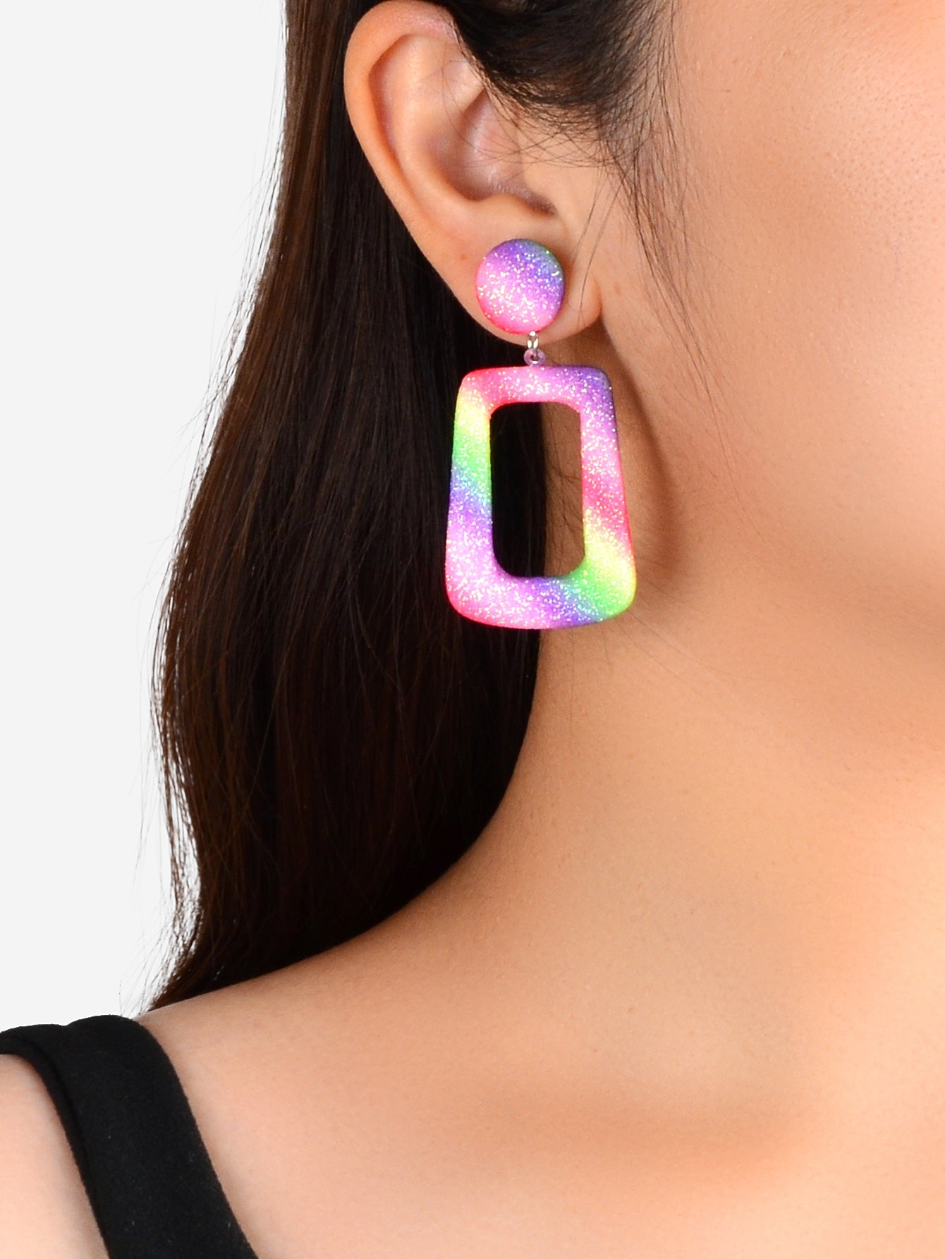 Rainbow Color Rectangle Geometric Dangle Statement Drop Earrings for Women Party-1