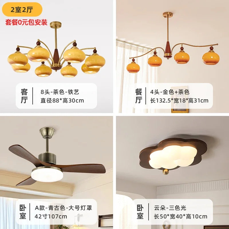Retro electric fan chandelier bedroom silent wind solid wood ceiling fan light medieval restaurant fan light casagd