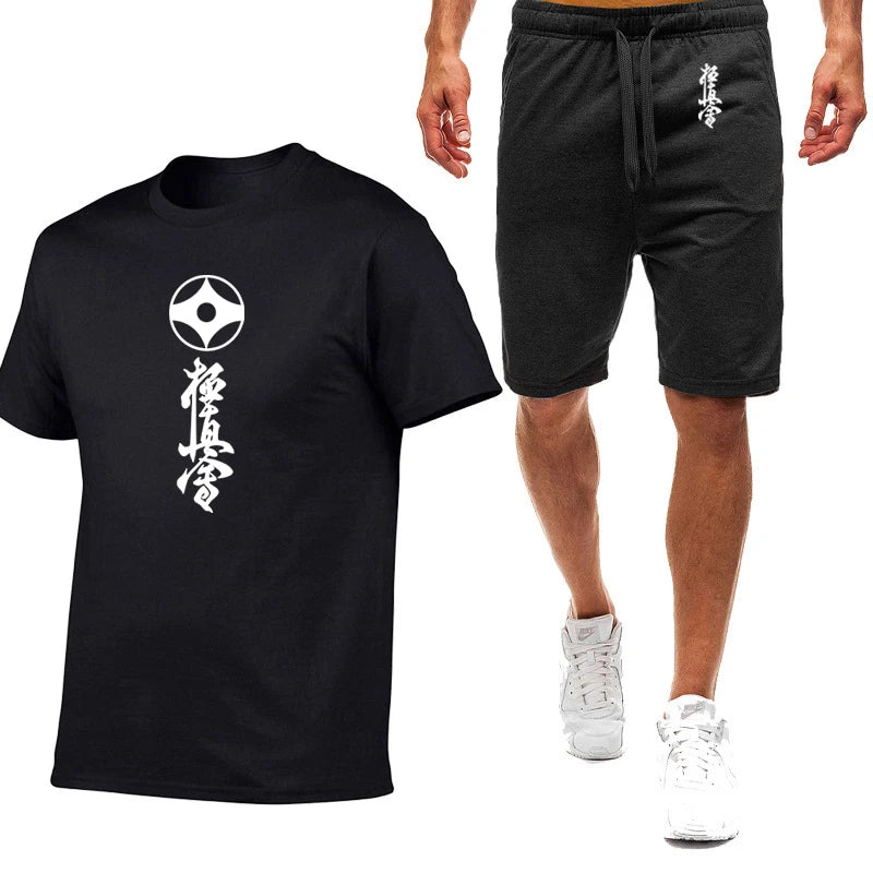 2025 Summer Man's Kyokushin Karate Masutatsu Oyama Japan Logo Print Solid Color Round Neck T-shirt+Breathable Short Pants Suits