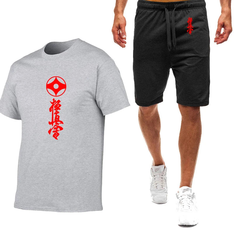 2025 Summer Man's Kyokushin Karate Masutatsu Oyama Japan Logo Print Solid Color Round Neck T-shirt+Breathable Short Pants Suits