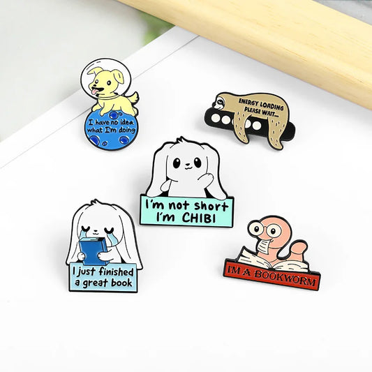 Bookworm Enamel Pins Custom Rabbit Dog Sloth Brooch Lapel Badge Bag Cartoon Funny Animal Books Jewelry Gift for Kids Friends