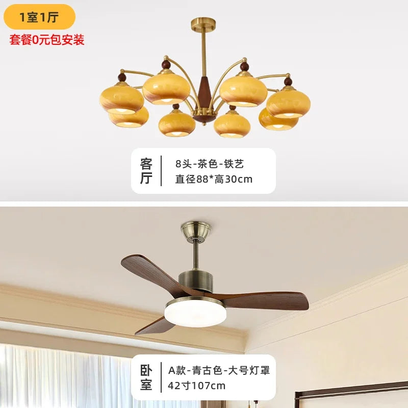 Retro electric fan chandelier bedroom silent wind solid wood ceiling fan light medieval restaurant fan light casagd