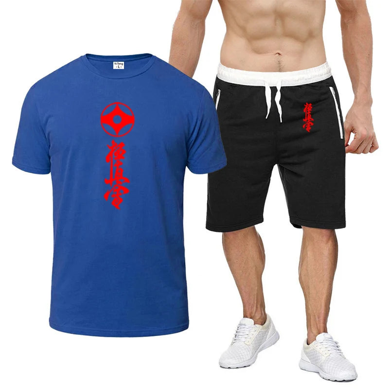 2025 Summer Man's Kyokushin Karate Masutatsu Oyama Japan Logo Print Solid Color Round Neck T-shirt+Breathable Short Pants Suits