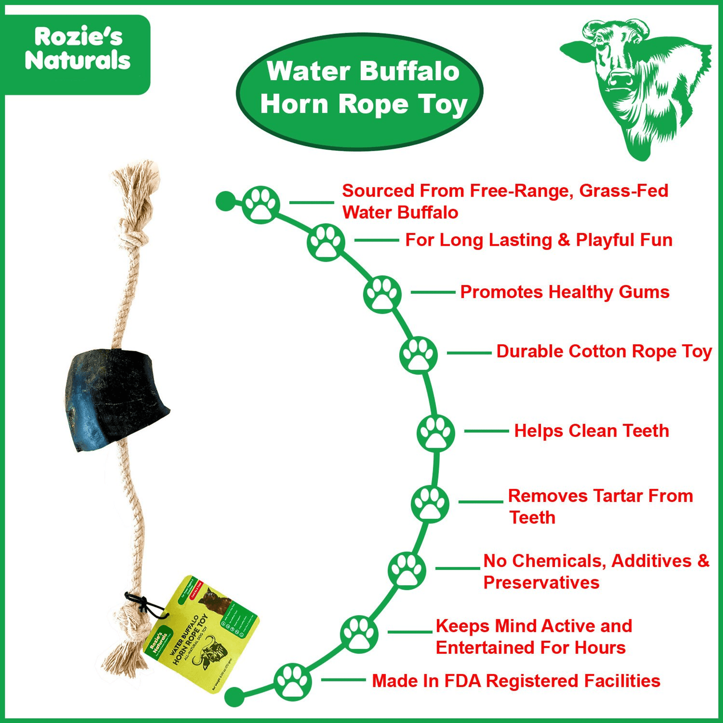 Natural Water Buffalo Horn & Cotton Rope Chew Toy for Dogs - 14"-3