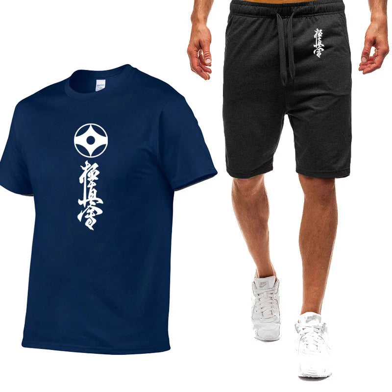2025 Summer Man's Kyokushin Karate Masutatsu Oyama Japan Logo Print Solid Color Round Neck T-shirt+Breathable Short Pants Suits