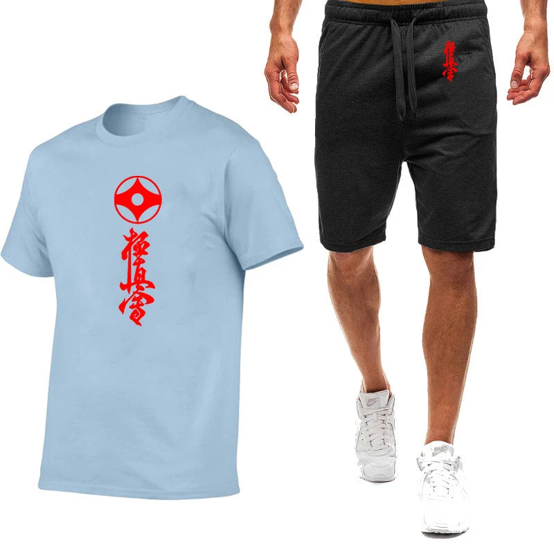 2025 Summer Man's Kyokushin Karate Masutatsu Oyama Japan Logo Print Solid Color Round Neck T-shirt+Breathable Short Pants Suits