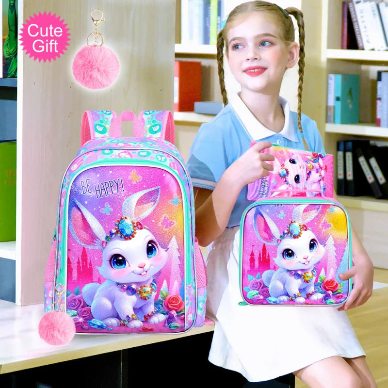 3Pcs Girls Backpack, 16" Kids Bookbag with Lunch Box，Rabbit School Backpacks for Elementary Preschool Kindergarten (Pink)