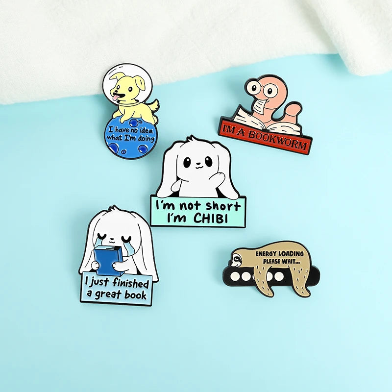 Bookworm Enamel Pins Custom Rabbit Dog Sloth Brooch Lapel Badge Bag Cartoon Funny Animal Books Jewelry Gift for Kids Friends