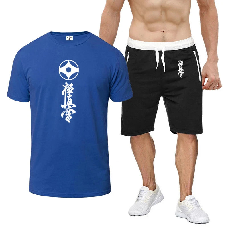 2025 Summer Man's Kyokushin Karate Masutatsu Oyama Japan Logo Print Solid Color Round Neck T-shirt+Breathable Short Pants Suits