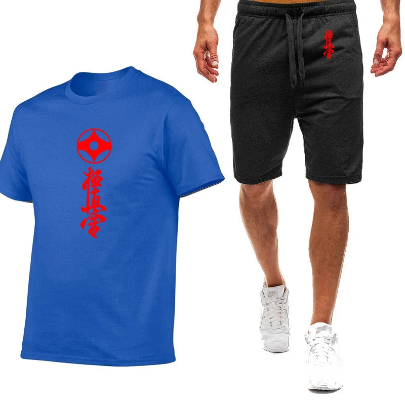 2025 Summer Man's Kyokushin Karate Masutatsu Oyama Japan Logo Print Solid Color Round Neck T-shirt+Breathable Short Pants Suits