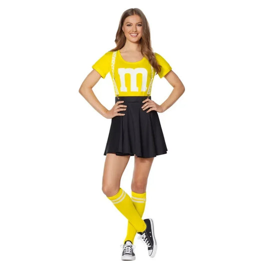 Kids M & M's Costume Cheerleader Uniform Kit with Suspender Family Games Parents-Child Clothing Outfits T-Shirt Black Skirt Set