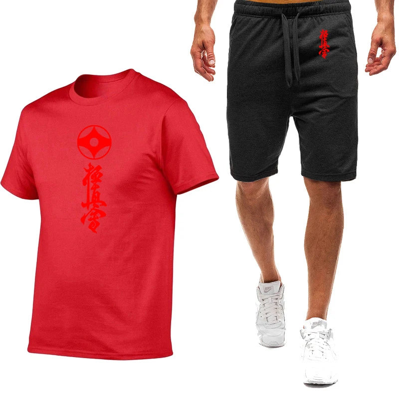 2025 Summer Man's Kyokushin Karate Masutatsu Oyama Japan Logo Print Solid Color Round Neck T-shirt+Breathable Short Pants Suits