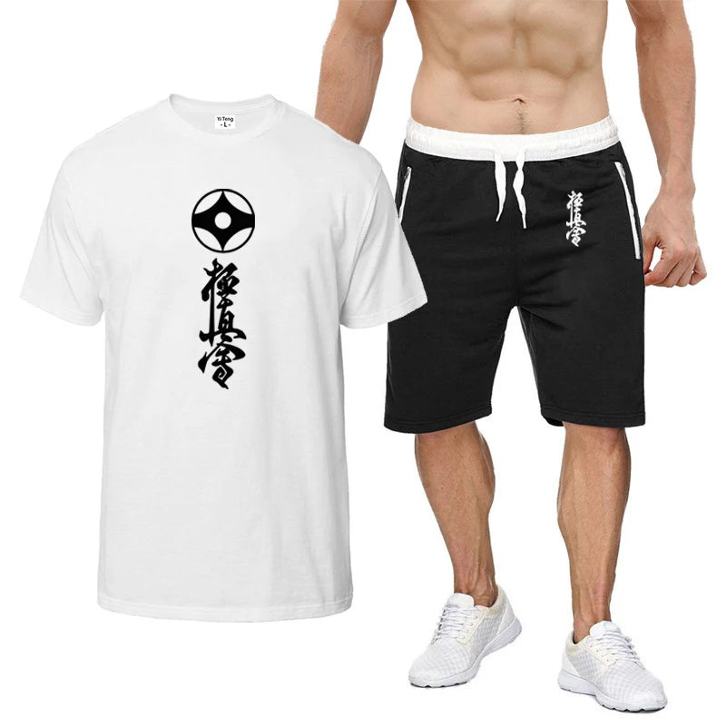 2025 Summer Man's Kyokushin Karate Masutatsu Oyama Japan Logo Print Solid Color Round Neck T-shirt+Breathable Short Pants Suits
