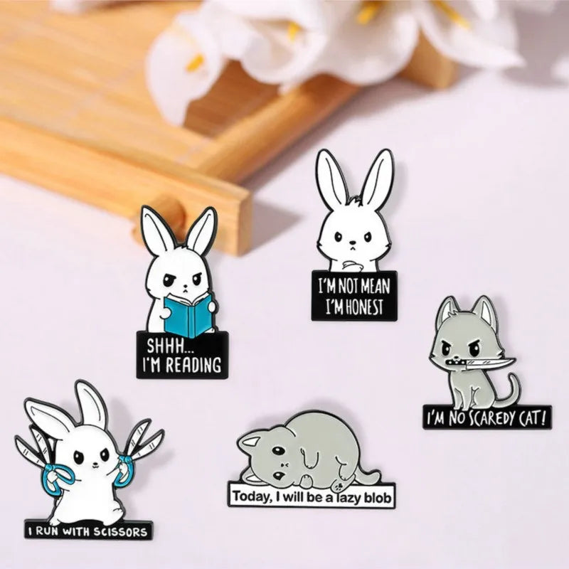 Rabbits Park Enamel Pins Custom Book Scissors Bunny Cats Brooch Lapel Badge Bag Cartoon Animal Jewelry Gift for Kids Friends